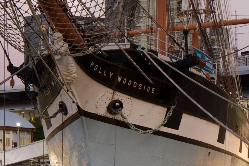 폴리 우드사이드 (Polly Woodside) 라는 이름의 유서 깊은 배의 활은 리깅과 체인을 볼 수 있으며, 해양 전시 구역에 정박해 있습니다.
