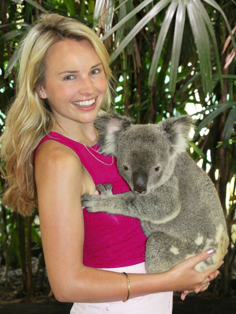 푸른 단풍과 야자나무 잎을 배경으로 코알라를 들고 미소 짓는 사람.