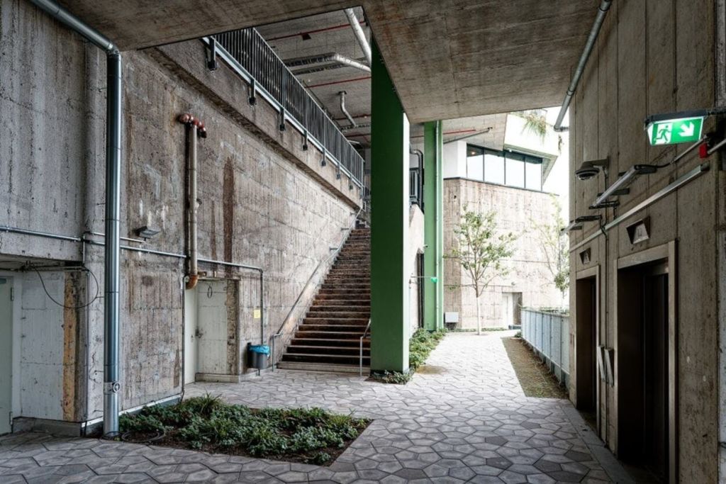 녹지로 둘러싸인 산업용 건물 옆의 콘크리트 계단과 고가도로 아래의 육각형 포장 타일.