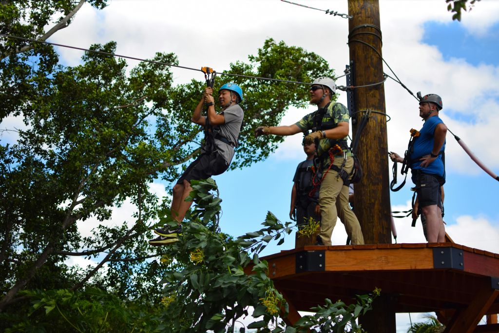나무와 흐린 하늘을 배경으로 강사가 안내하는 나무 플랫폼에서 사람들이 집업을 하고 있습니다.