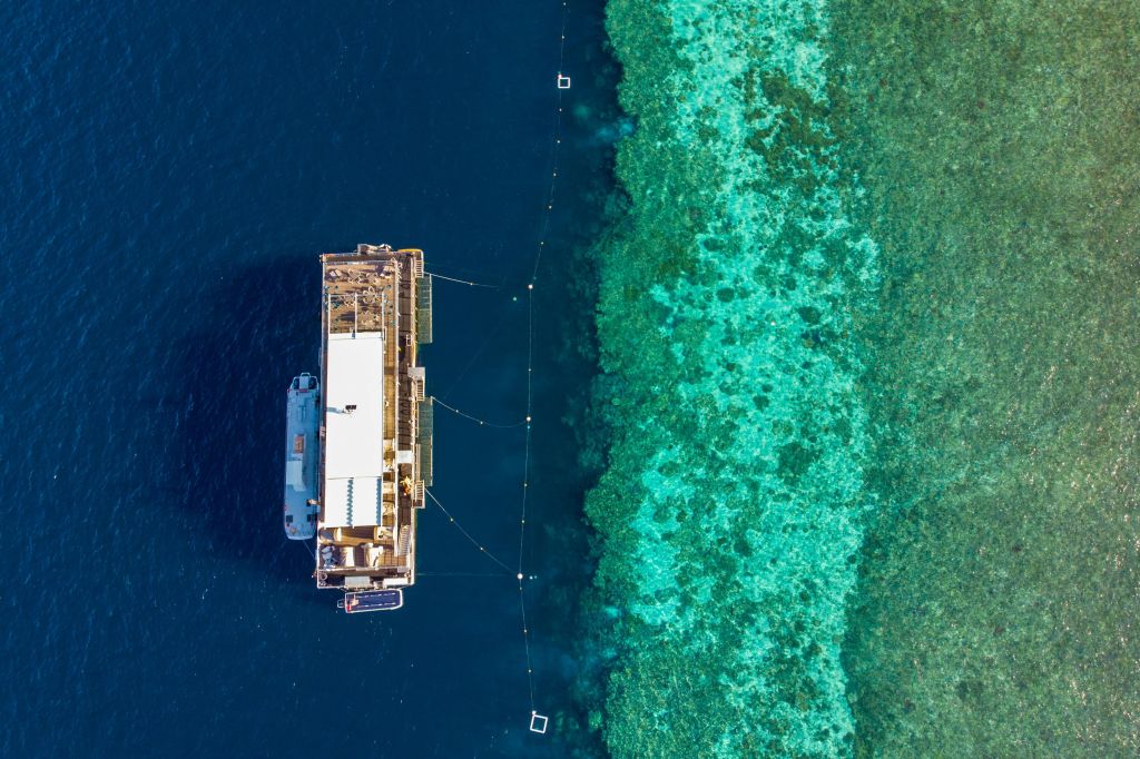 맑고 푸른 바다에 있는 활기찬 산호초 옆에 정박한 커다란 보트의 공중 전망.
