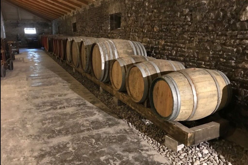 빔 처리된 나무 천장이 있는 희미한 석조 벽 지하실의 선반에 보관된 나무 통이 줄지어 있습니다.