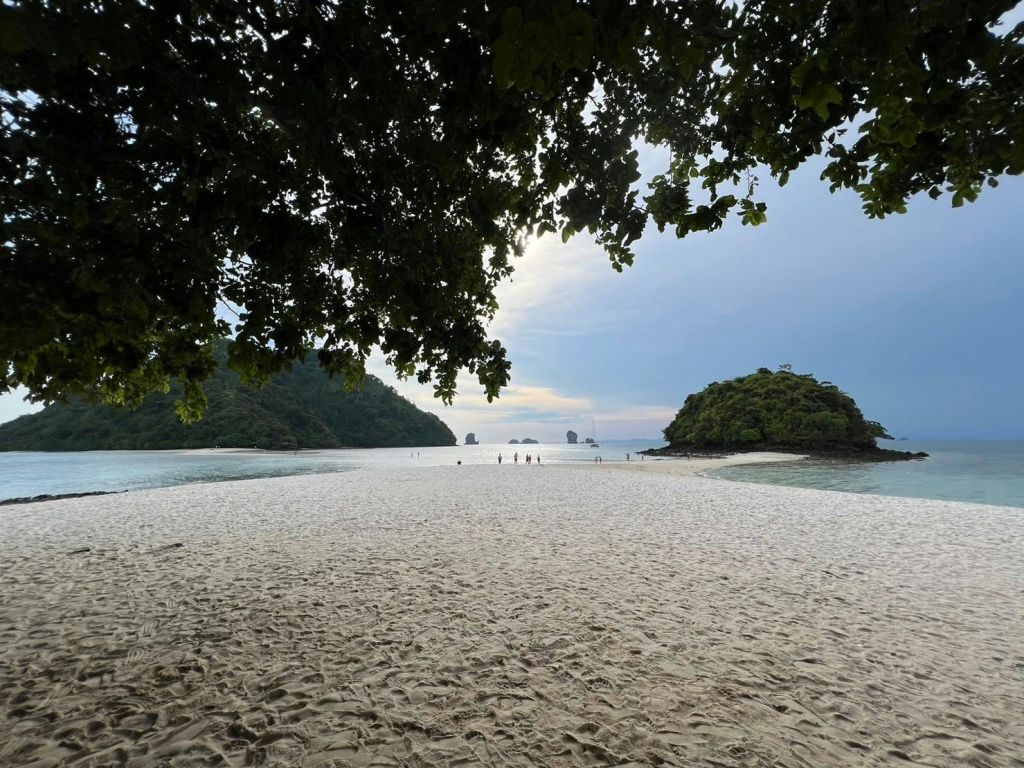 나뭇가지로 둘러싸인 양쪽에 맑고 푸른 물이 흐르는 모래 해변. 배경에는 멀리 떨어진 섬과 사람들이 보입니다.