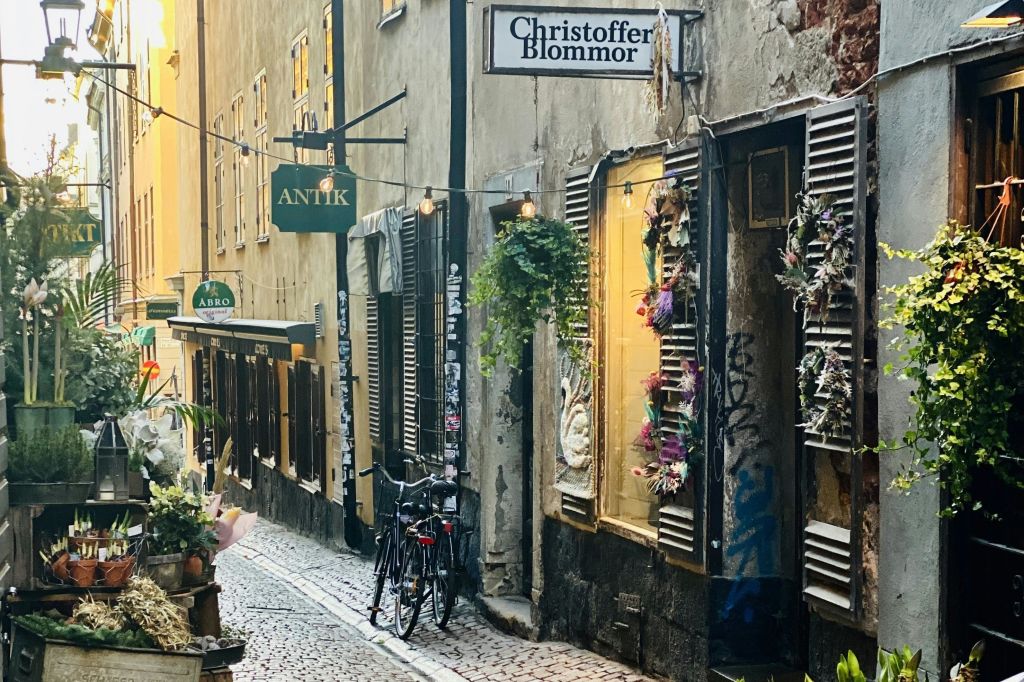 골동품 상점, 화초, 자전거가 있는 좁은 자갈 골목. "ANTIK" 및 "Christoffer Blommor" 표지판이 보입니다.
