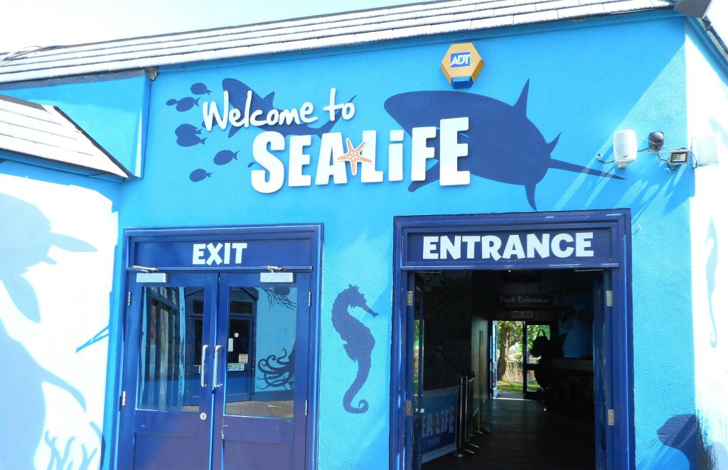 "Welcome to SEA LIFE", "EXIT", "ENTRANCE" 표지판이 있는 파란색 건물 입구. 벽에 해마 그래픽이 있습니다.