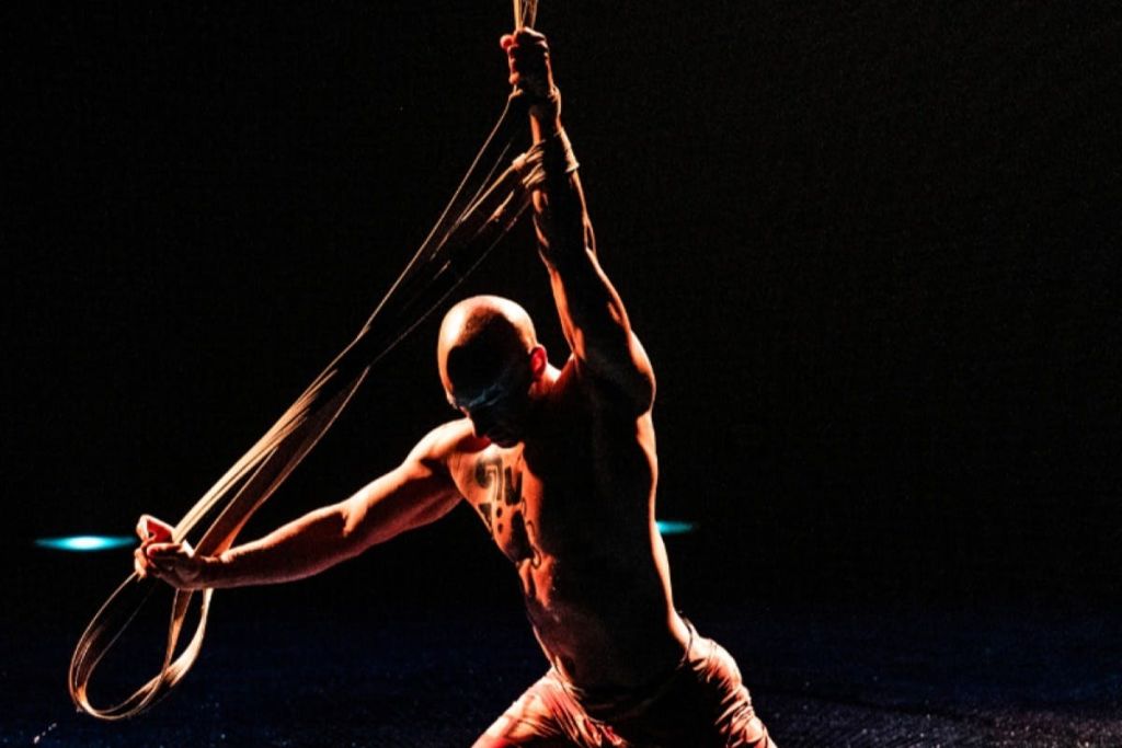 무대 위의 공연자가 극적인 조명 아래에서 공중 실크 로프를 잡고 역동적인 포즈를 보여줍니다.