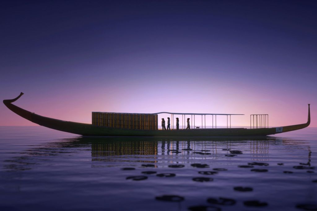 Solar barque, virtual reality headset, The Horizon of Khufu