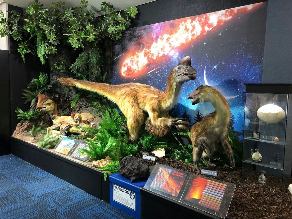 식물과 밤하늘을 가로지르는 혜성의 벽화가 전시된 박물관에서 공룡 모델을 만나보세요. 정보 패널이 전면에 있습니다.
