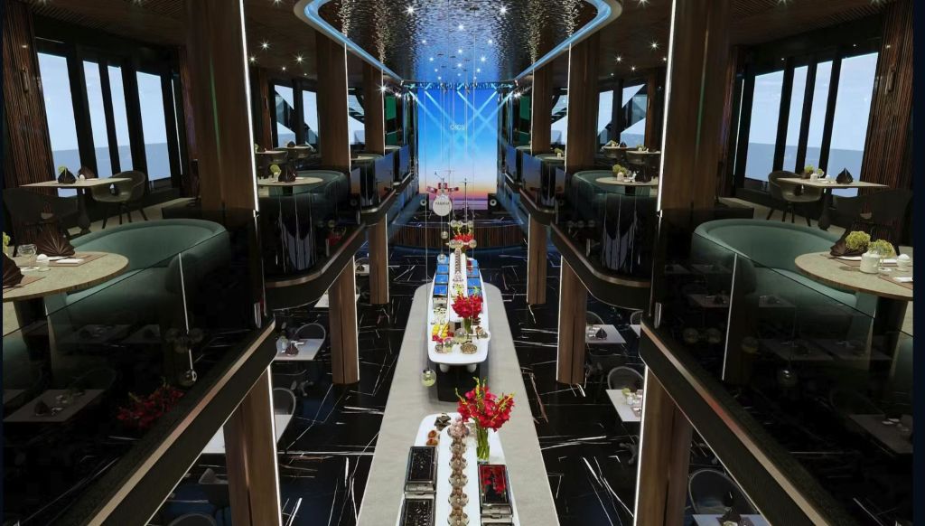 모던한 인테리어의 고급스러운 더블 데크 식사 공간, 음식과 꽃이 있는 긴 뷔페 테이블, 분위기 있는 조명.