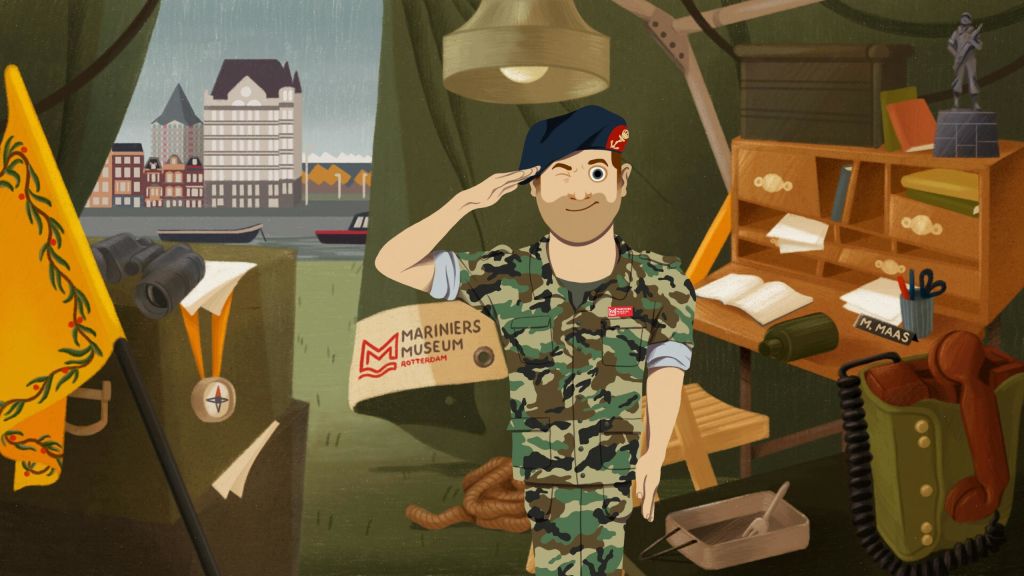 책, 지도, 밧줄, 도구가 있는 텐트에서 경례를 하는 카모의 만화 병사. 간판에는 '로테르담 마리너스 박물관' 이라고 적혀 있습니다.