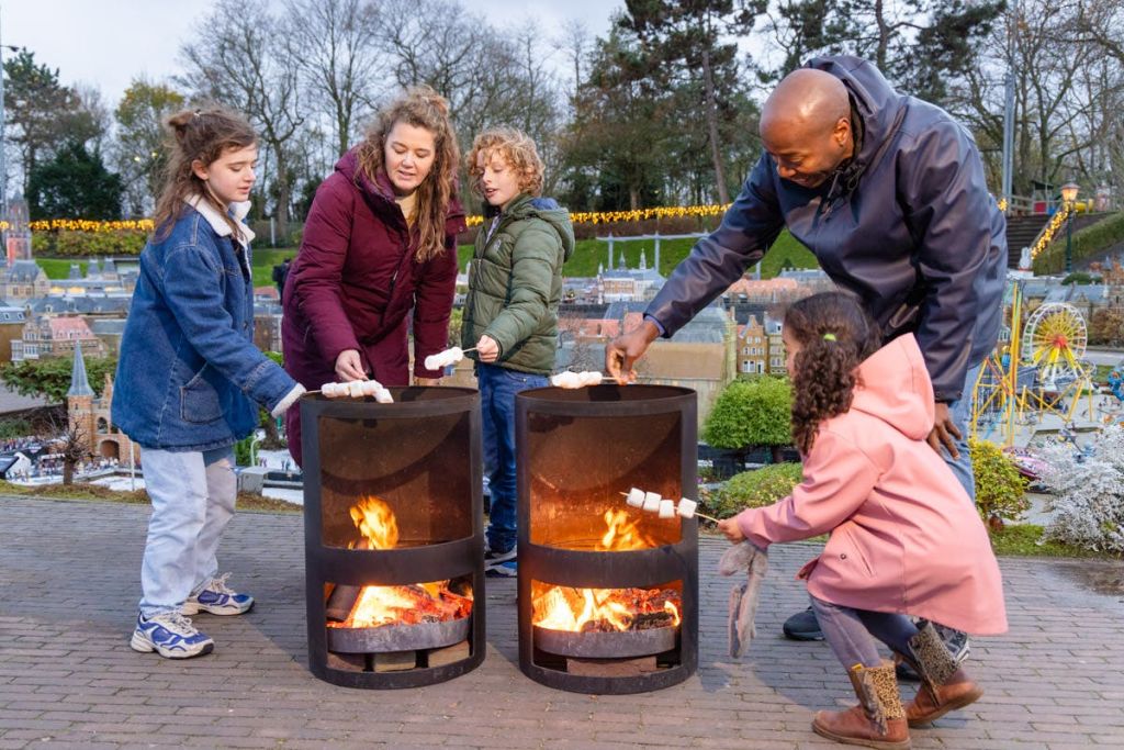 나무와 장식을 배경으로 공원을 배경으로 두 개의 야외 화덕에서 마시멜로를 구워보세요.