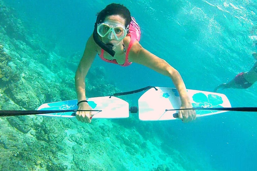 분홍색 수영복을 입고 스노클링과 수중 고글을 착용한 사람이 산호초 위의 흰색과 파란색 보드를 잡고 있습니다.