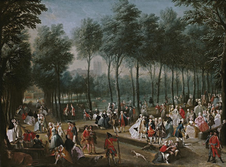 공원에서 나무 캐노피 아래에서 산책하고 대화하고 개를 산책하는 사람들이 있는 역사적인 장면입니다.