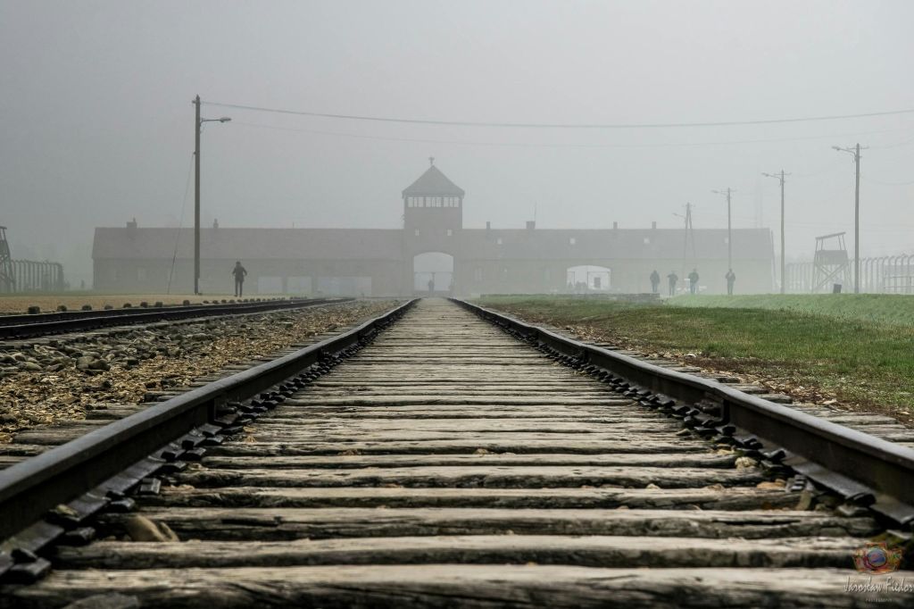 안개가 자욱한 환경에서 타워가 있는 커다란 게이트 구조물로 이어지는 철길.