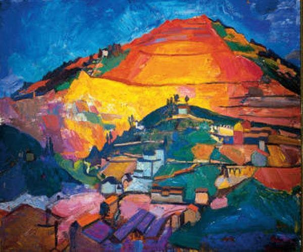 화려한 푸른 하늘 아래 산과 작은 건물, 들판이 어우러진 활기찬 언덕길을 형형색색으로 그려보세요.