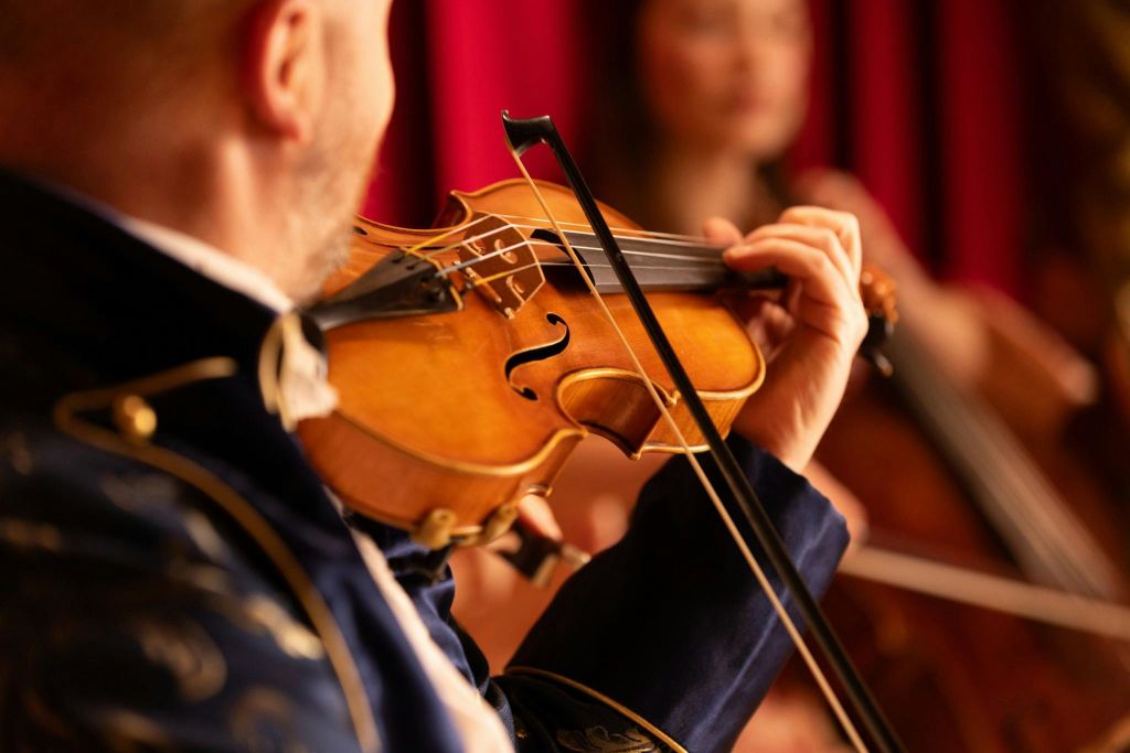 바이올린을 연주하는 사람의 클로즈업으로, 다른 뮤지션이 빨간색 커튼을 배경으로 흐릿하게 보입니다.