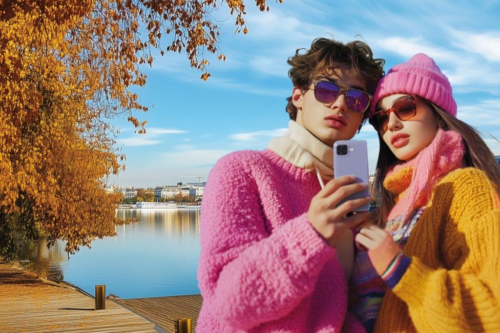 Junges Paar in farbenfroher Herbstkleidung macht ein Selfie an einem Seeufer mit goldenem Laub und blauem Himmel.