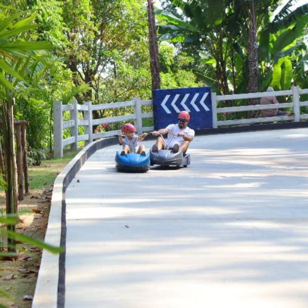 빨간 헬멧을 쓴 두 사람이 녹음으로 둘러싸인 곡선 트랙을 따라 파란색과 회색 고카트를 타고 있습니다.