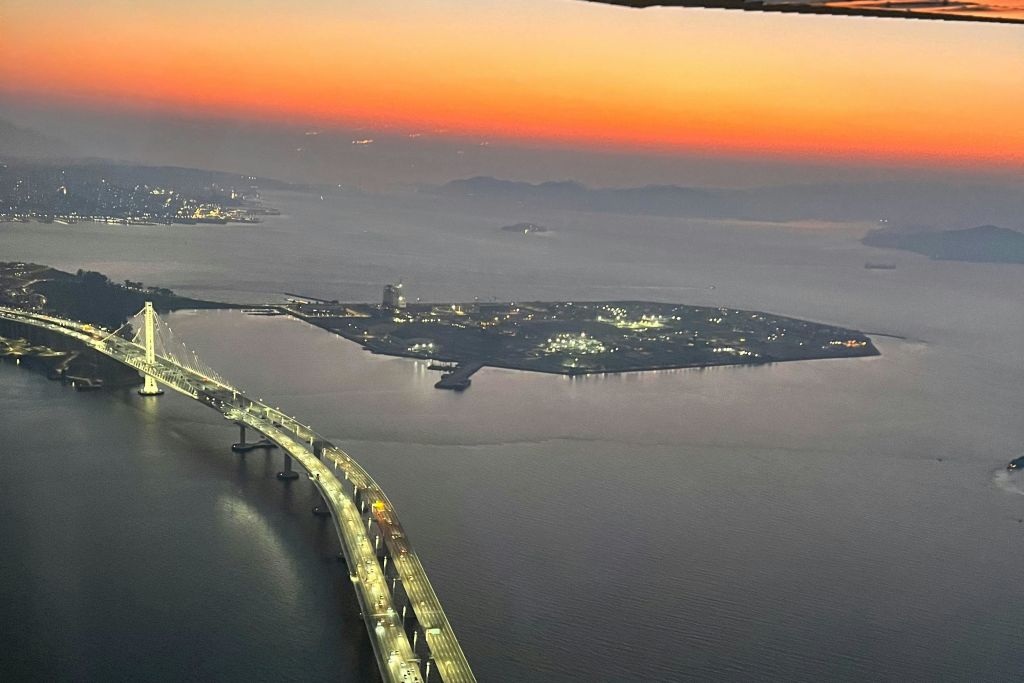 Sunset of Bay Bridge and Treasure Island, and Alcatraz Island