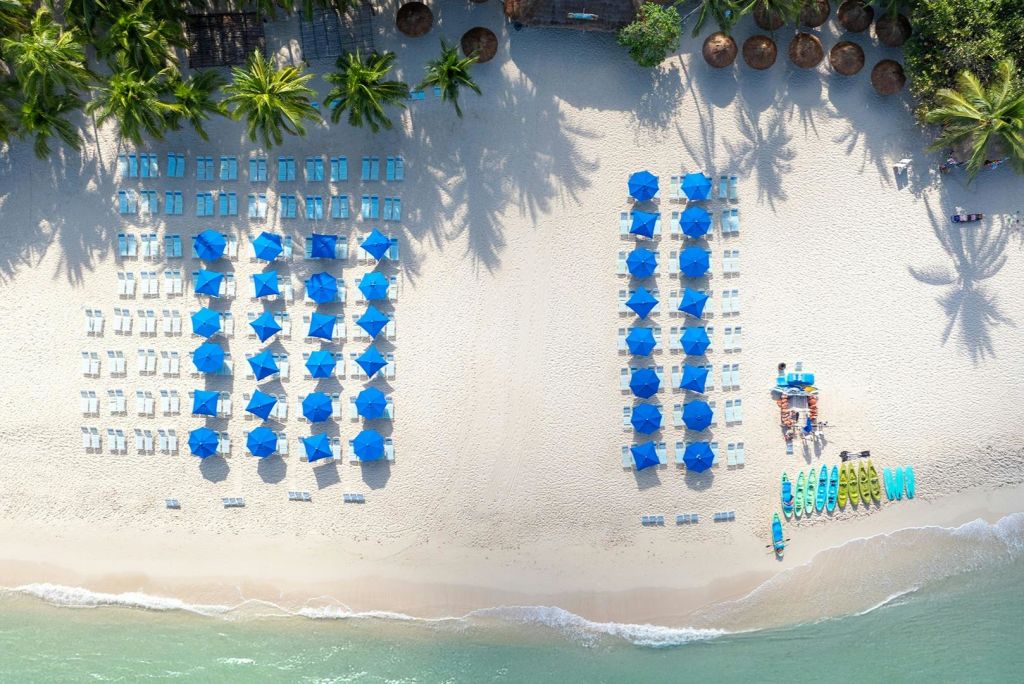 해변 근처에 푸른 파라솔과 일광욕 의자, 야자수, 카약이 줄지어 있는 해변의 공중 전망.