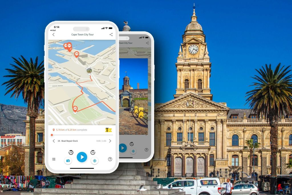 시계탑이 있는 역사적인 건물의 이미지가 오버레이된 시티 투어 지도 앱을 보여주는 두 개의 스마트폰 화면.