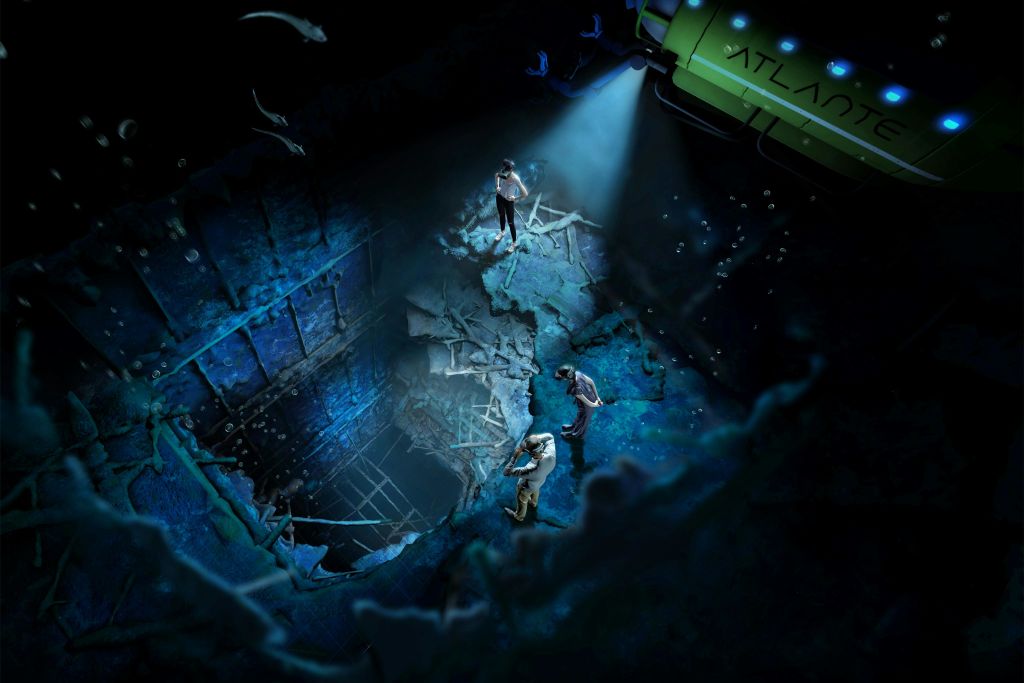 세 명의 다이버가 수중에서 노란 잠수함의 스포트라이트가 비추는 침몰한 난파선을 탐험합니다.