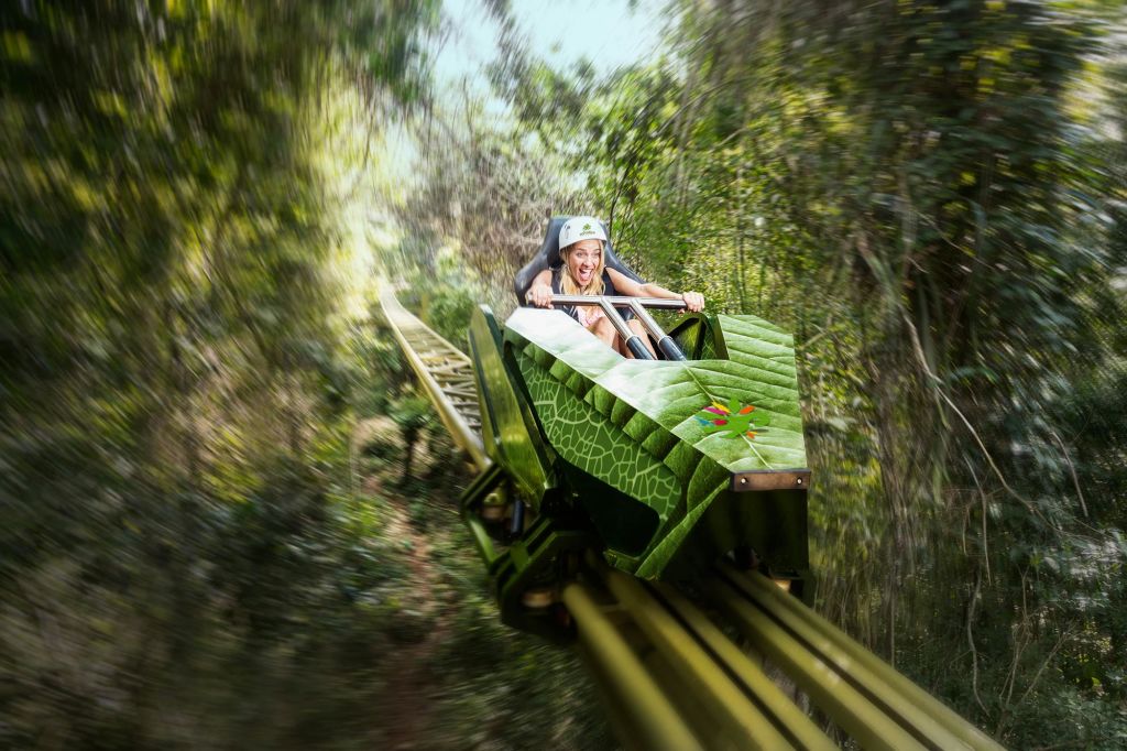 안전 장치가 있는 사람은 숲이 우거진 지역을 지나 녹색 롤러코스터를 타면서 흥분된 비명을 지릅니다.
