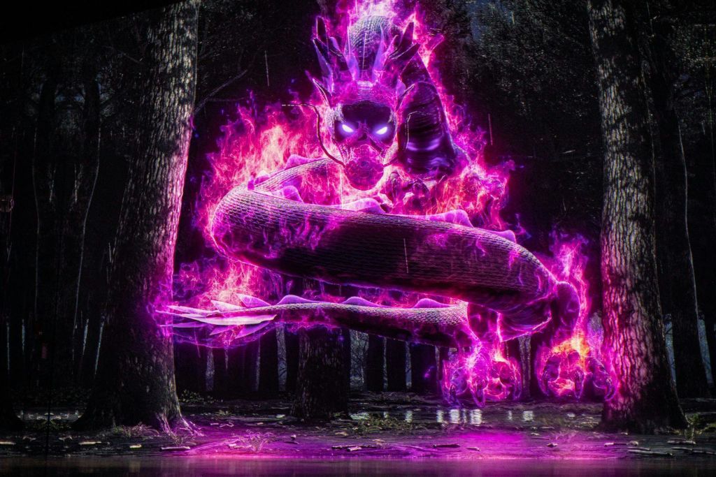 빛나는 눈을 가진 신비롭고 보라색의 불타는 생물이 불타는 힘줄에 묶인 어둡고 소름끼치는 숲에서 맴돌고 있습니다.