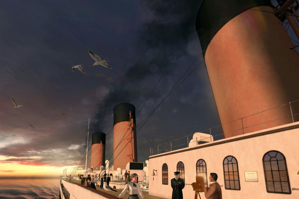 갈매기가 날아다니는 흐린 하늘 아래, 커다란 주황색 연기가 자욱한 배의 갑판에서 걷고 소통하는 사람들.