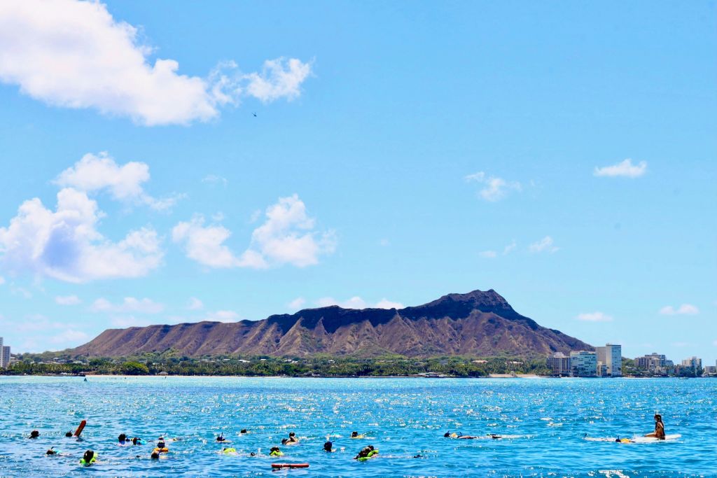 산이 우거진 풍경과 맑고 화창한 하늘을 배경으로 푸른 바다에서 수영과 스노클링을 즐기는 사람들.
