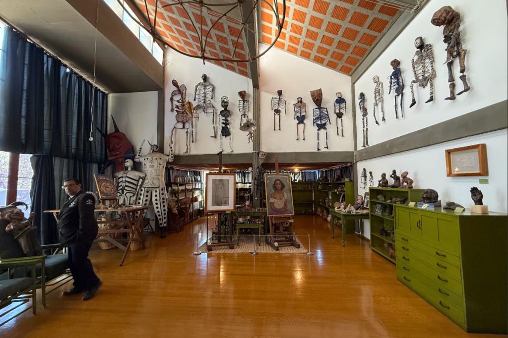 다양한 오브제와 높은 패턴의 천장이 있는 나무 선반이 특징인 해골 조각과 액자 그림으로 가득한 객실입니다.