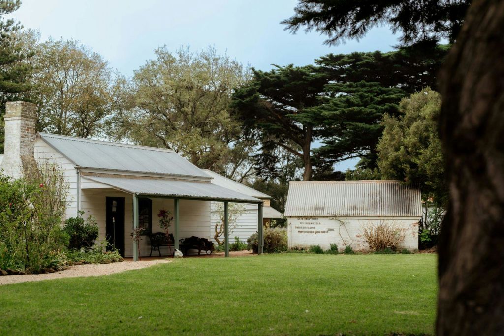 작은 창고 옆에 베란다를 덮은 단층 주택. 푸른 잔디밭과 커다란 나무를 배경으로.