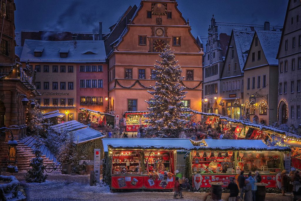 Reiterlesmarkt Rothenburg o.d. Tauber- extra gross Marktplatz Sta è nde dunkel Ratstrinkstube Uhr Tannenbaum Beleuchtung