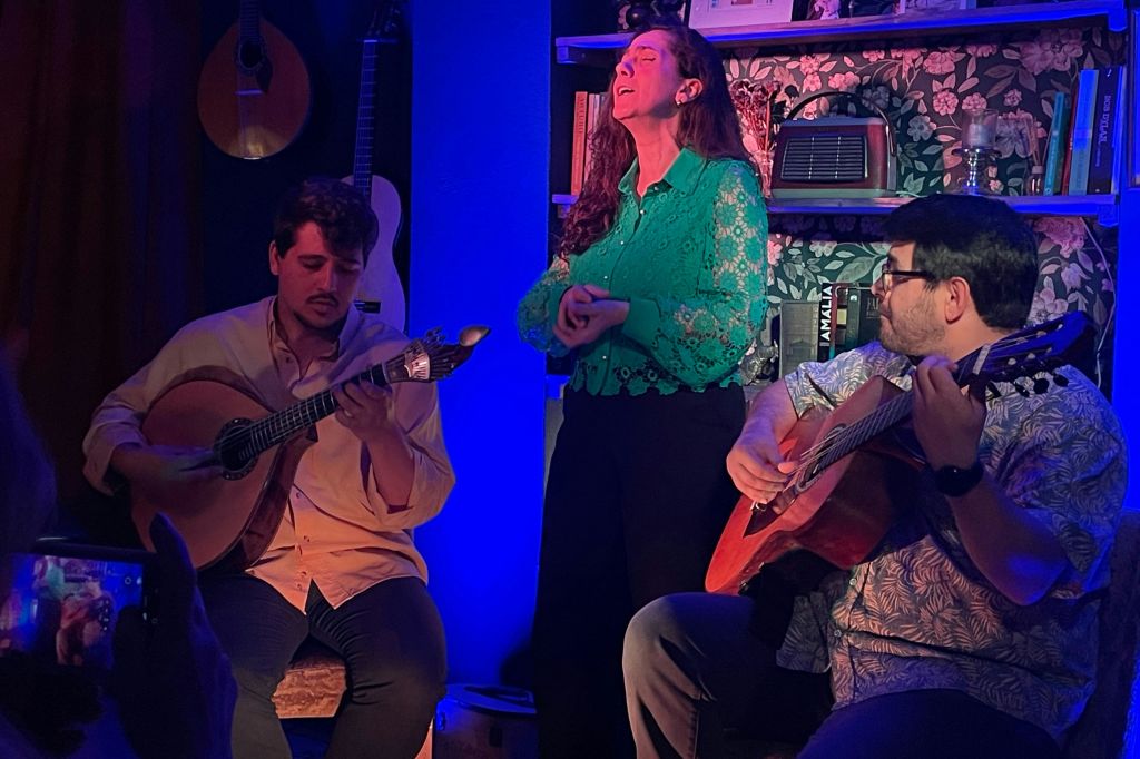 꽃무늬 벽지와 선반이 있는 따뜻하게 빛나는 방에서 두 남자가 옆에서 기타를 치는 동안 한 여성이 열정적으로 노래를 부릅니다.