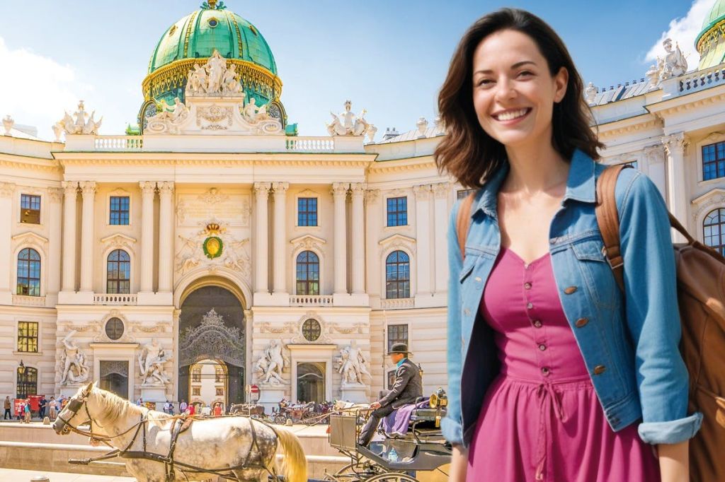 Lächelnde Frau mit Rucksack vor der Hofburg in Wien, während eine traditionelle Pferdekutsche vorbeifährt.