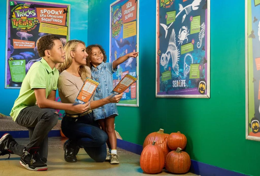 두 아이를 둔 여성이 바다 생물 포스터 앞에 무릎을 꿇고 있습니다. 지도를 들며 어린 소녀가 가리켰다. 여러 호박이 바닥에 있습니다.