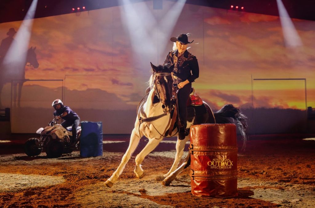 서양 복장을 한 라이더가 일몰을 배경으로 경기장에서 공연하는 동안 말을 배럴 주위로 안내합니다.