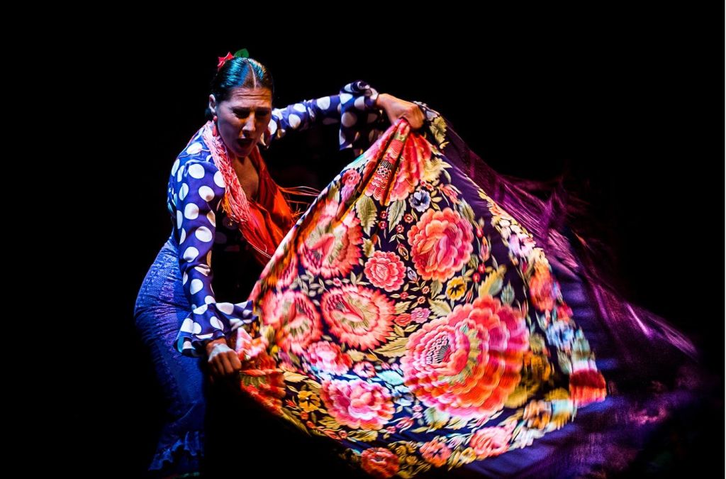 물방울무늬 의상을 입은 댄서가 어두운 배경을 배경으로 활기찬 꽃무늬 원단을 들고 있습니다.