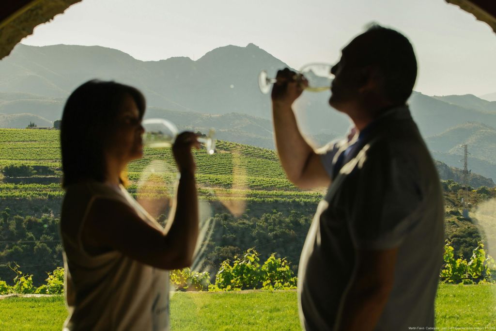 포도밭과 산이 보이는 창문 앞에서 와인을 마시며 백라이트를 비추는 두 사람.