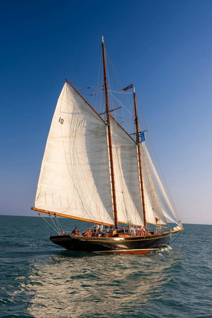 잔잔한 바다에 하얀 돛이 달린 커다란 항해선으로, 맑고 푸른 하늘 아래 여러 사람이 승선해 있습니다.