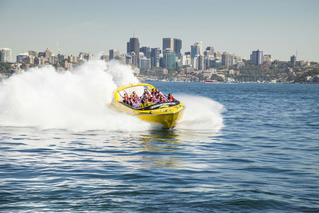 노란색 쾌속정으로, 승객들은 도시의 스카이라인을 배경으로 커다란 물놀이를 즐길 수 있습니다.