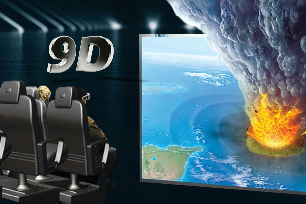 VR 고글을 착용한 모션 시뮬레이터 의자가 바다 위에서의 폭발을 보여주는 대형 스크린을 마주하고 있는 사람. 텍스트는 "9D" 입니다.