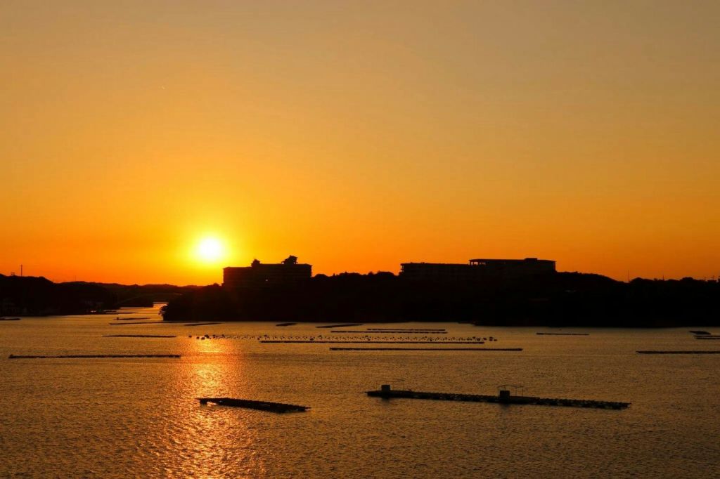 해질녘 바닷가를 따라 황금빛 하늘과 반사되는 바닷물이 어우러진 건물과 나무의 실루엣.