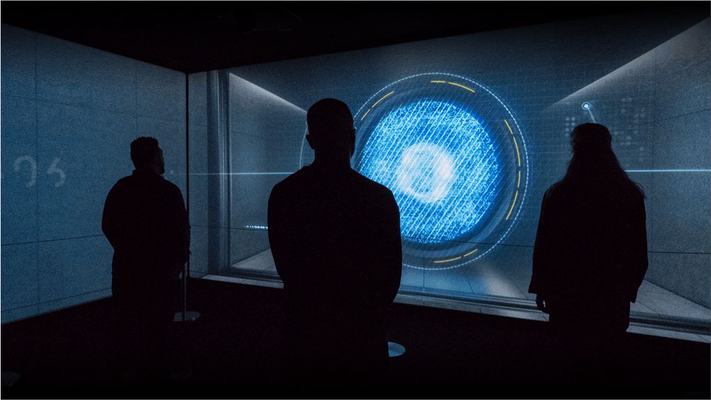 어두운 방에서 파란색과 노란색으로 강조된 크고 빛나는 원형 디지털 디스플레이를 관찰하는 세 사람의 실루엣.