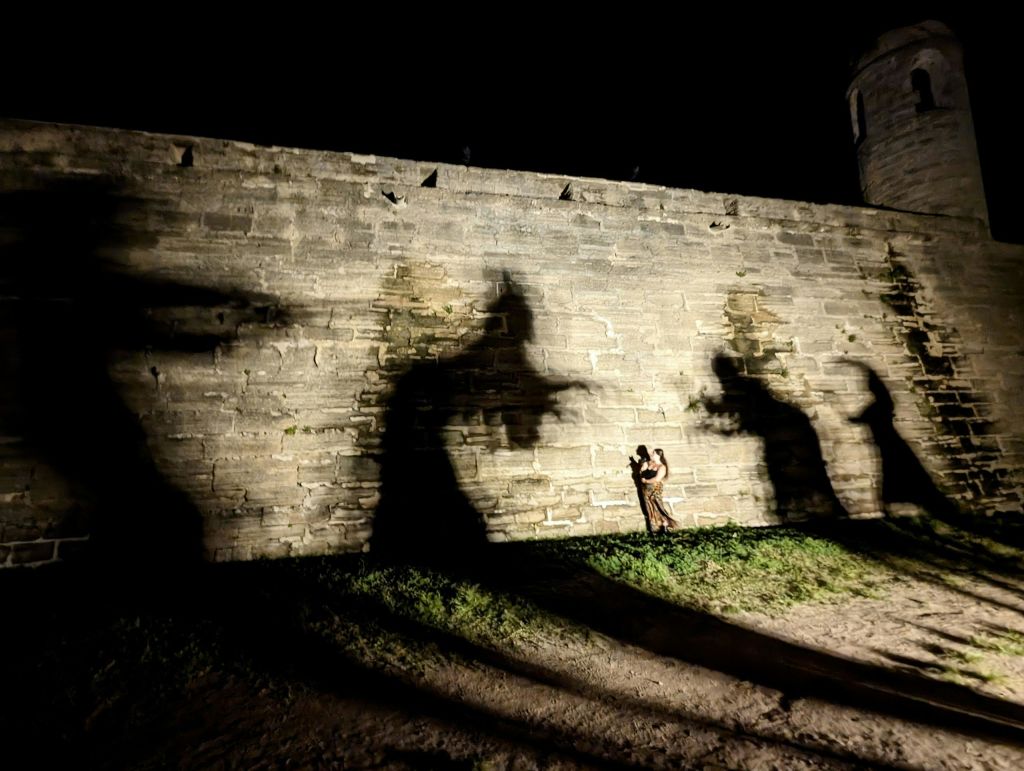 극적인 그림자가 드리워진 돌담과 벽 근처에 서 있는 한 사람의 모습이 담긴 야간 장면.