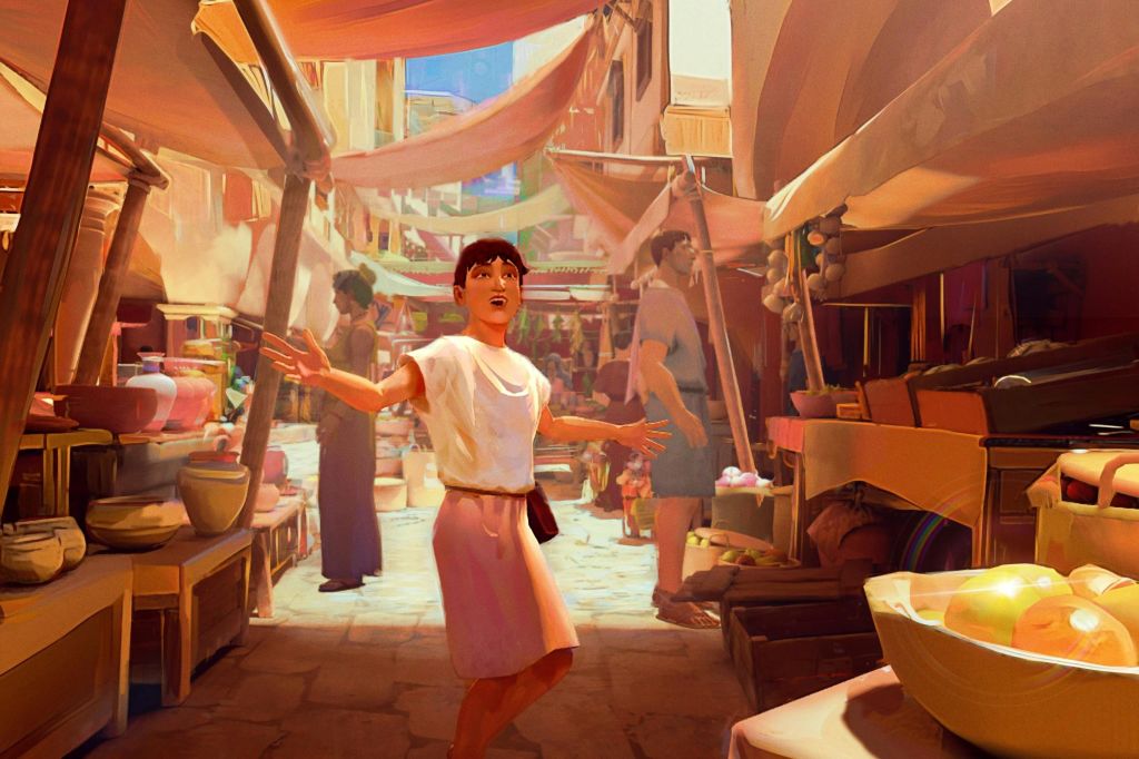 하얀 드레스를 입은 한 소녀가 화려한 캐노피와 다양한 가판대가 있는 활기찬 시장 거리를 즐겁게 거닐고 있습니다.