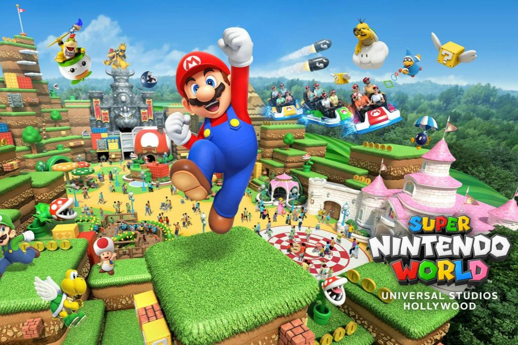 다채롭고 게임에서 영감을 받은 공원에서 마리오와 다른 캐릭터들이 등장하는 슈퍼 닌텐도 월드의 애니메이션 장면.