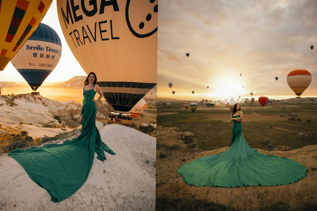 열기구 타고 일출을 배경으로 사진 촬영하기