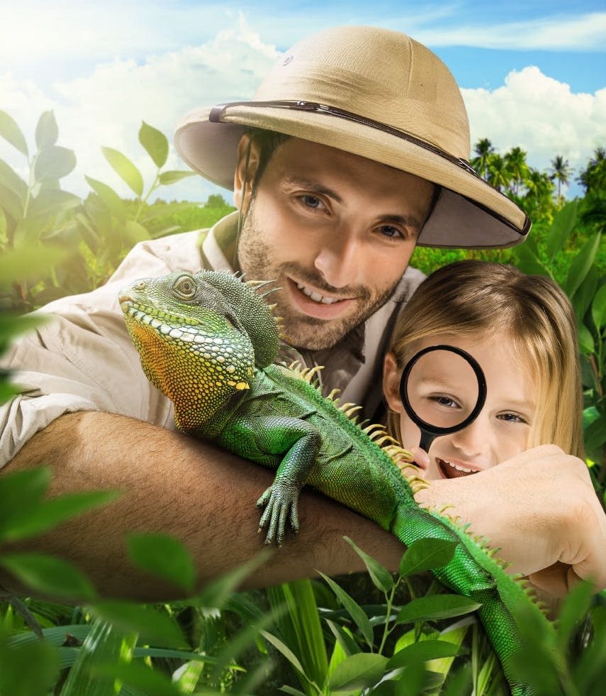 돋보기를 든 남녀가 무성하고 잎이 무성한 환경에서 녹색 이구아나를 관찰합니다.