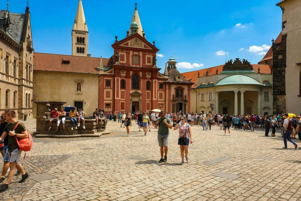 산책하는 사람들이 있는 자갈 광장과 푸른 하늘 아래 첨탑이 있는 붉은 역사 건물.